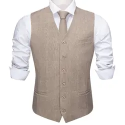 Silk Mens Vest Khaki Solid Pink Blue Black Brown Plaid V-Neck Waistcoat Tie Hanky Cufflinks Set Wedding Business Barry.Wang