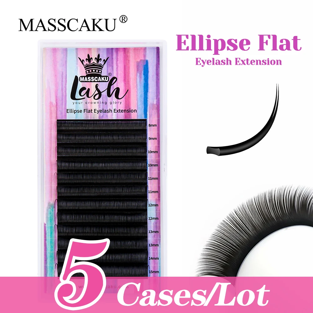 

High Quality 5cases/lot MASSCAKU Natural Looks Ellipse Flat Lashes Wispy Double Split Tips Shaped Lash without Scattering Roots