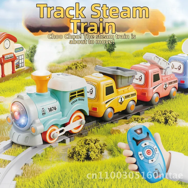 만화 연기 자석 기차 세트, 3세 어린이용 리모컨 포함, 교육용 트랙 장난감, 확장 가능한 마카롱 포함
