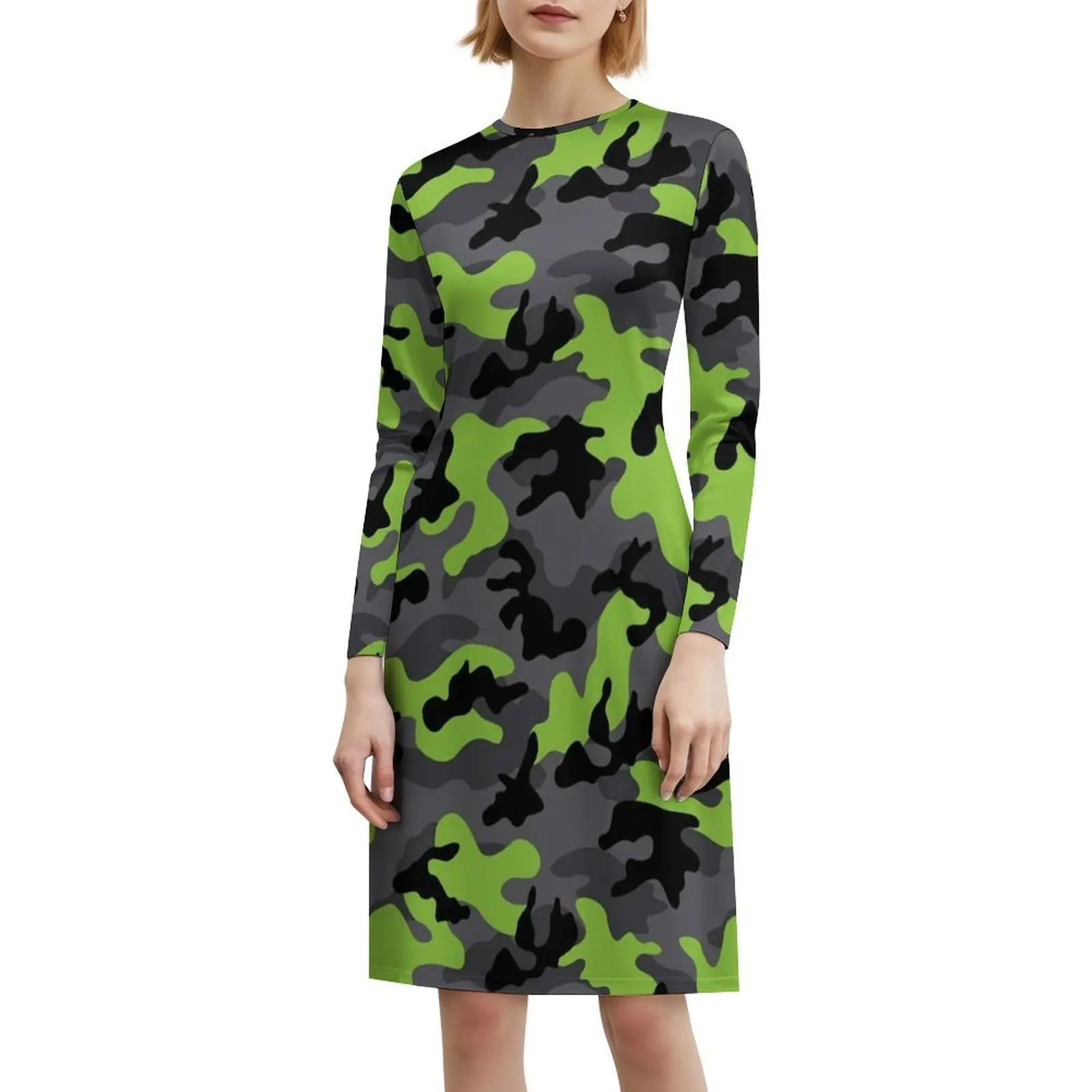 فستان بوهيمي عتيق بنمط مموه باللون الأخضر النيون والرمادي الليموني بأكمام منتفخة أو خيارات بدون أكمام لفستان النساء