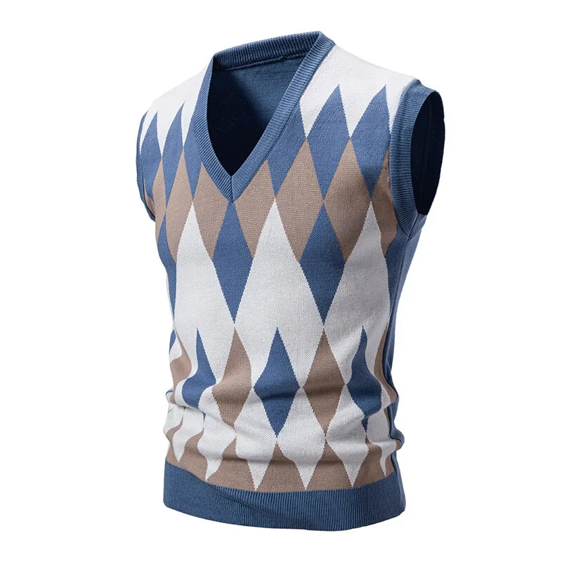Bild 5: Neue Herren-Argyle-Strickweste mit V-Ausschnitt, ärmellos, lässig, schmal geschnitten, Pullover, leichte Strickweste