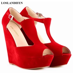 Peep Toe High Platform Wedges Sandal Women 2025 New Summer Solid Flock T-shape Buckle Rome Sandals Concise High Heels Shoes 14cm