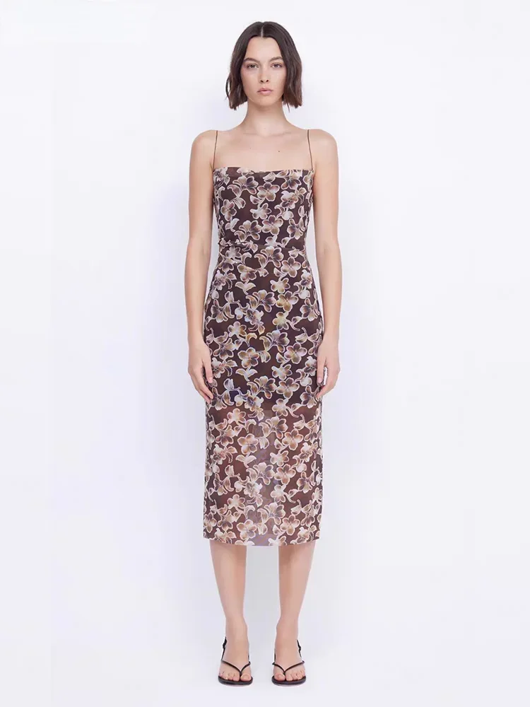 

Brown floral print medium length camisole skirt for women dress vestidos