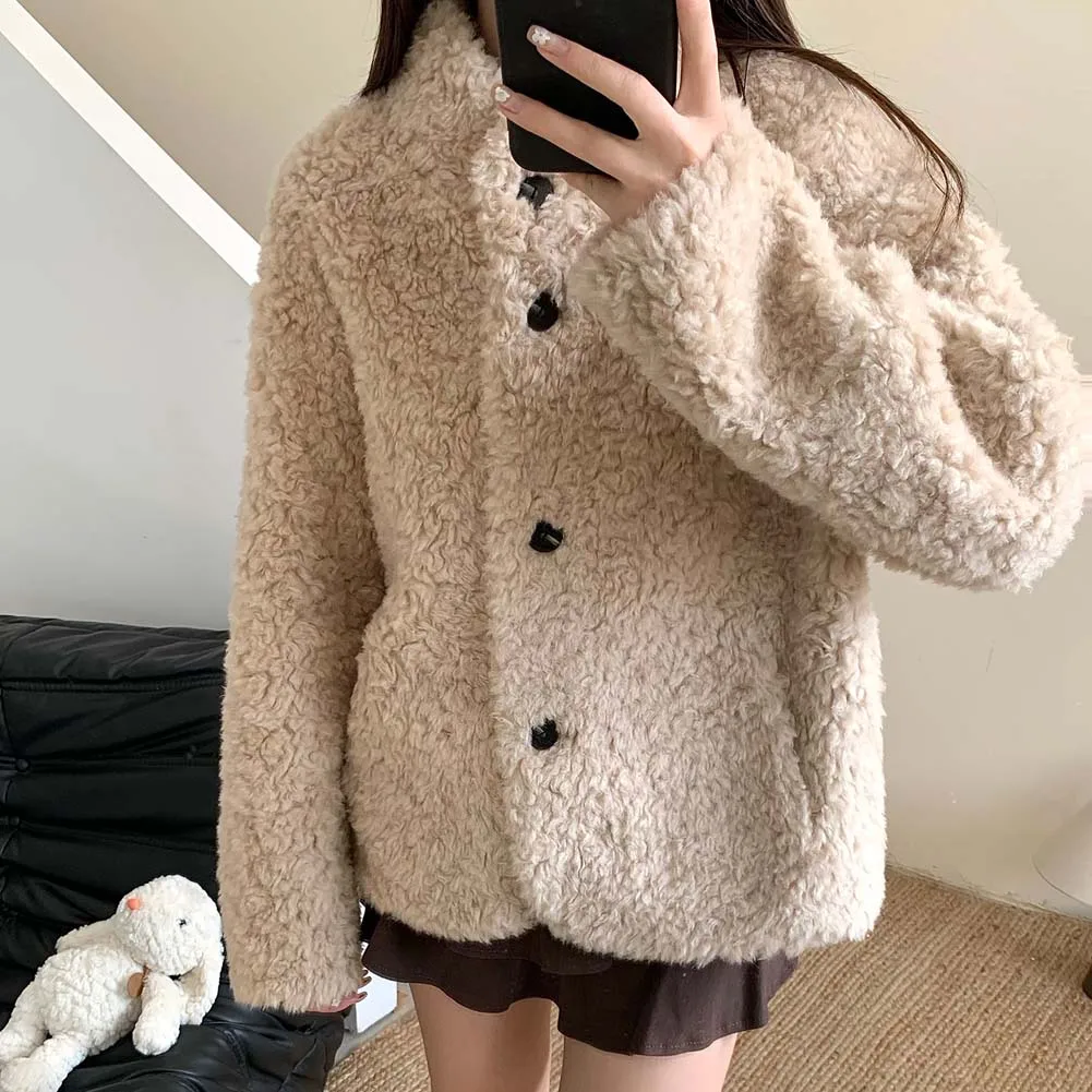 معاطف فرو صوف الضأن الكورية للنساء بأكمام طويلة سترة عتيقة لخريف وشتاء كل مباراة سميكة ودافئة ملابس خارجية Preppy