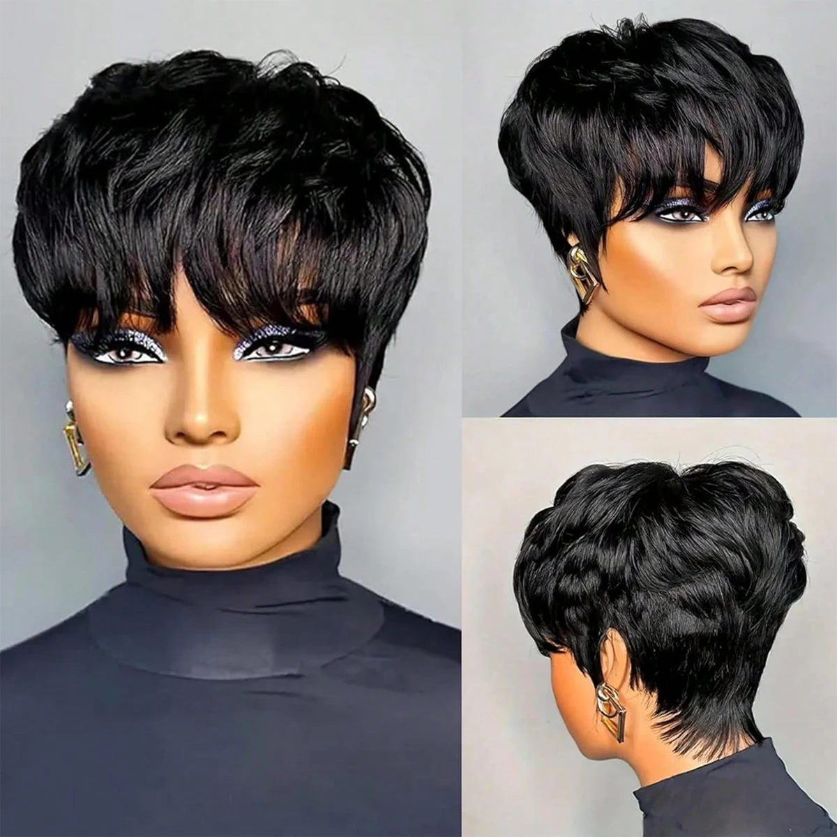 

Short Bob Wig For Black Women Pixie Cut Wigs Glueless synthetic Wig None Lace Front Wig With Bangs