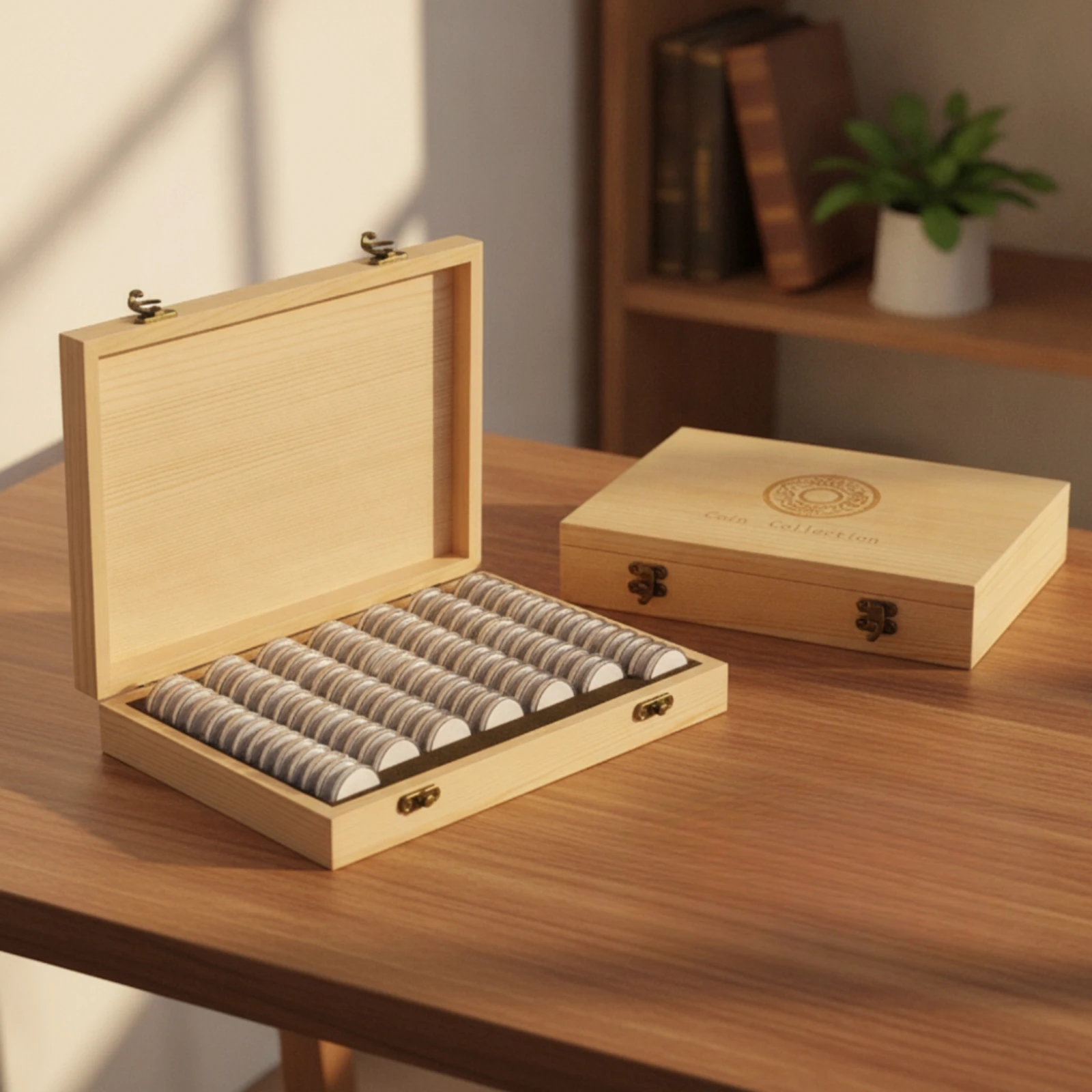 100 Pieces Token Storage Box with Capsules Safeguarding Wooden Token Box Wear-Resistant Eco-Friendly for Numismatists