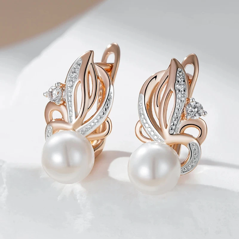 Wbmqda Luxury Pearl Drop Women\'s Earrings 585 Rose Gold Silver Mixed Color Retro Wedding Party Fine Jewelry