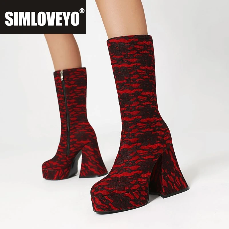 

SIMLOVEYO Design Lace Women Mid Calf Boots Round Toe Strange High Heel 12cm Platform 3cm Zipper Mixed Plus Size 41 42 43 Fashion