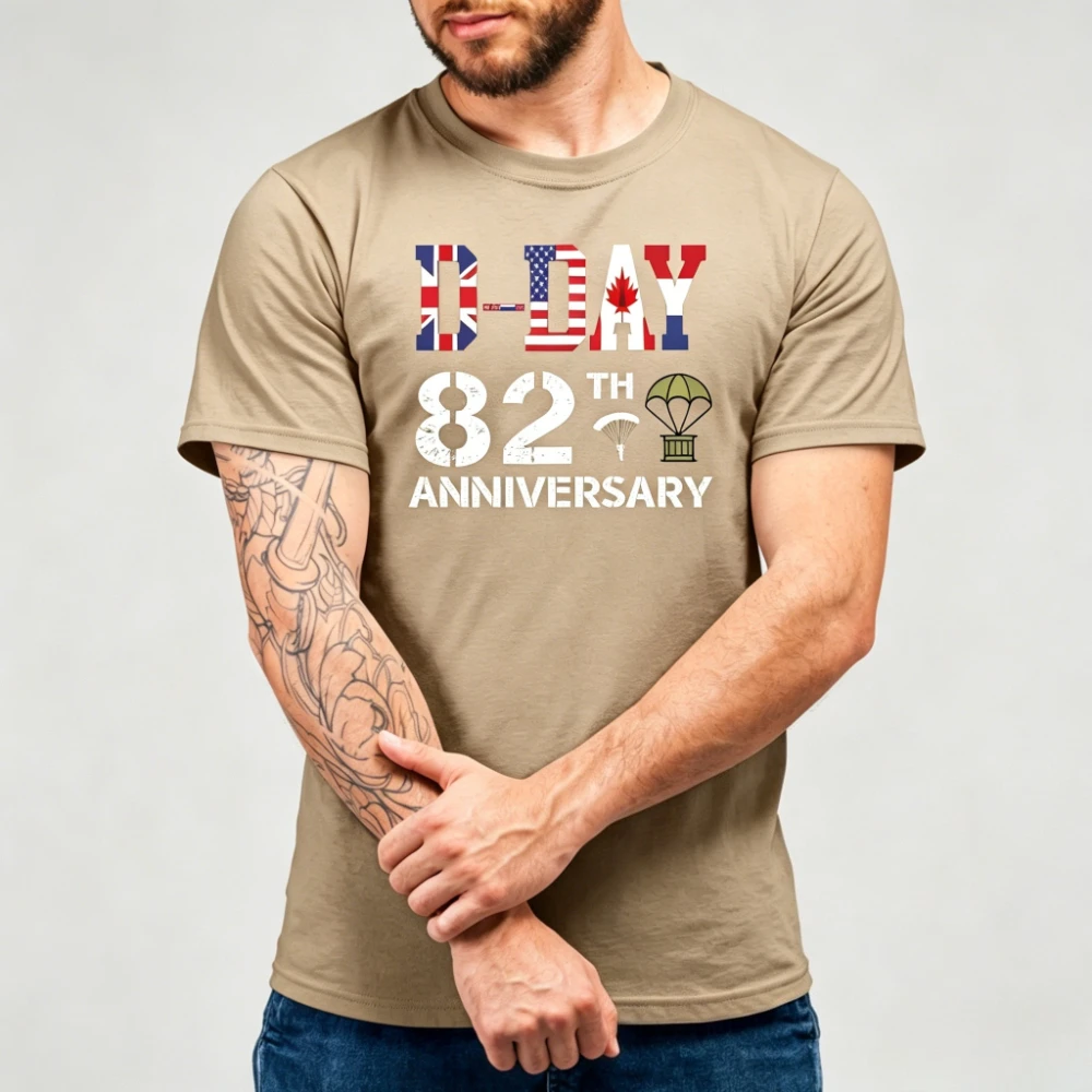 D-Day 82nd Anniversary Graphic T-Shirt Vintage Allied Flags Print Shirt Normandy Landing Commemorative Patriotic History Tee view 6