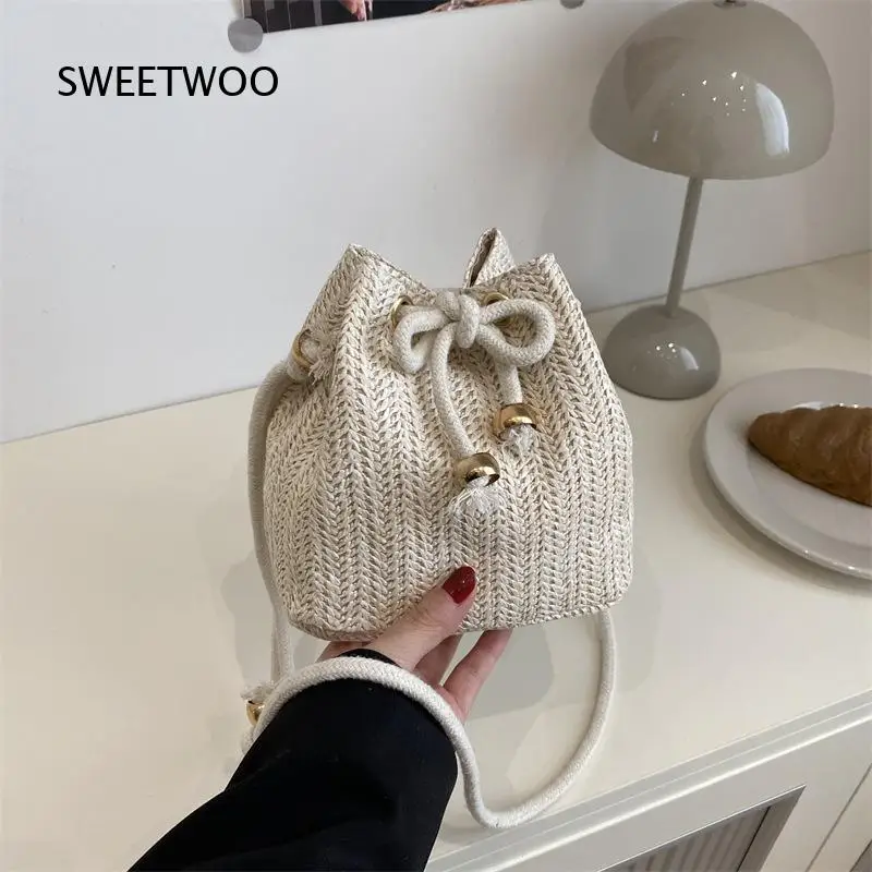 Vintage Beige Straw Bucket Bag Rope Bow Tie Design Small Size Ladies Crossbody Shoulder Handbags Vacation Travel Daily