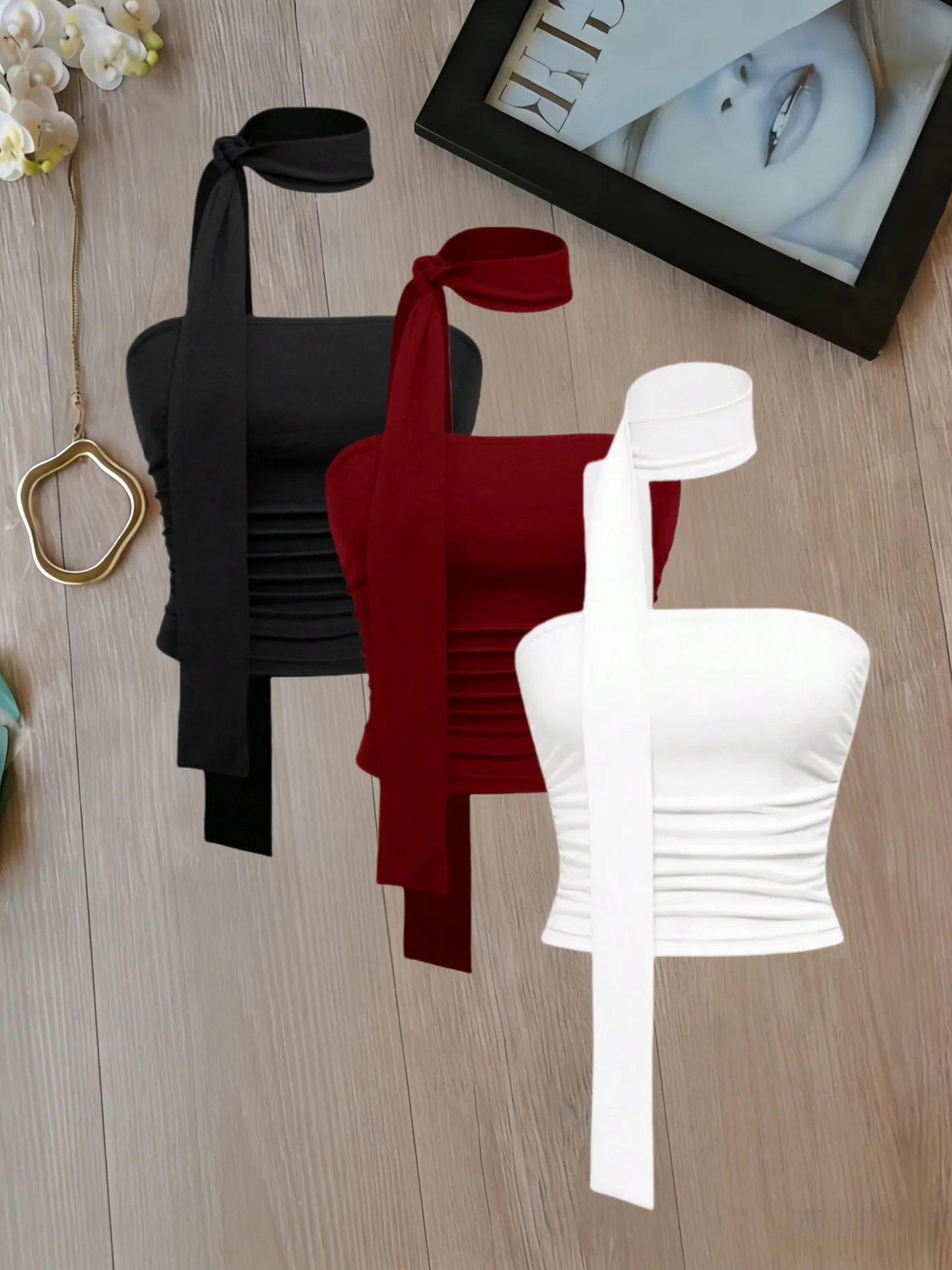Damen Schulterfreies One-Shoulder Crop Top mit Raffung und Bindeband, 3er-Pack, Sexy Figurbetontes Einfarbiges Cami-Top-Set