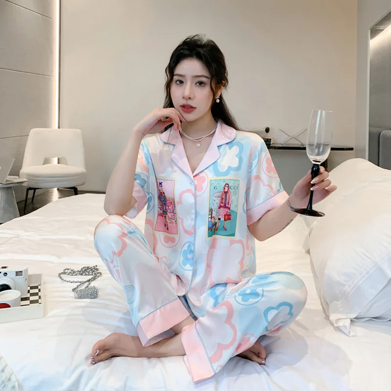 

2024 Summer New Pajamas Women's Ice Silk Short-sleeved Pants suit High-End Outer Wearing Home Clothes