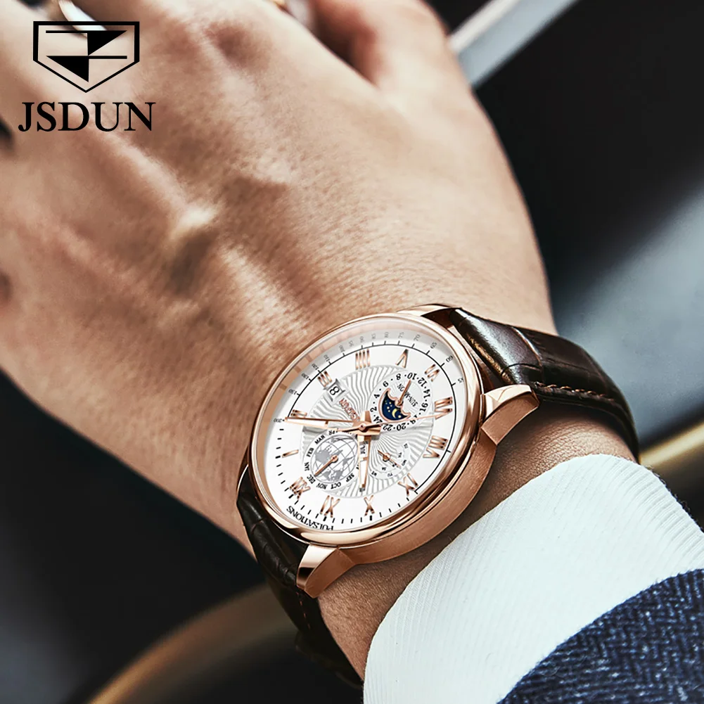 JSDUN 8909 Top Brand Mechanical Watch For Men 24 Hours Display Original Wristwatch Moon Phase Waterproof Classic Man Watches