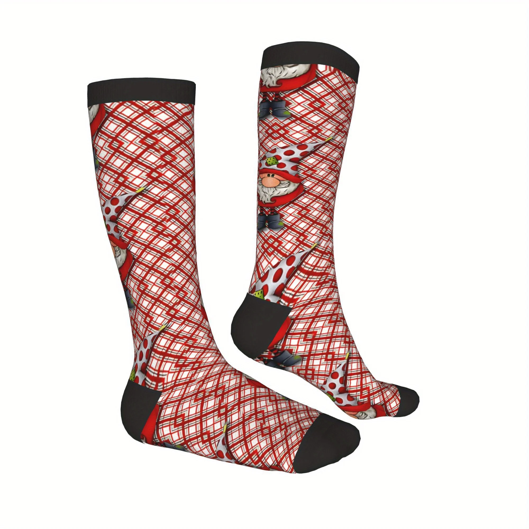 キュートな格子柄とクリスマスエルフのレッドチェック柄コンプレッションソックス - ポリエステルニット生地、手洗い、ユニセックス、ノベルティクルーソックス