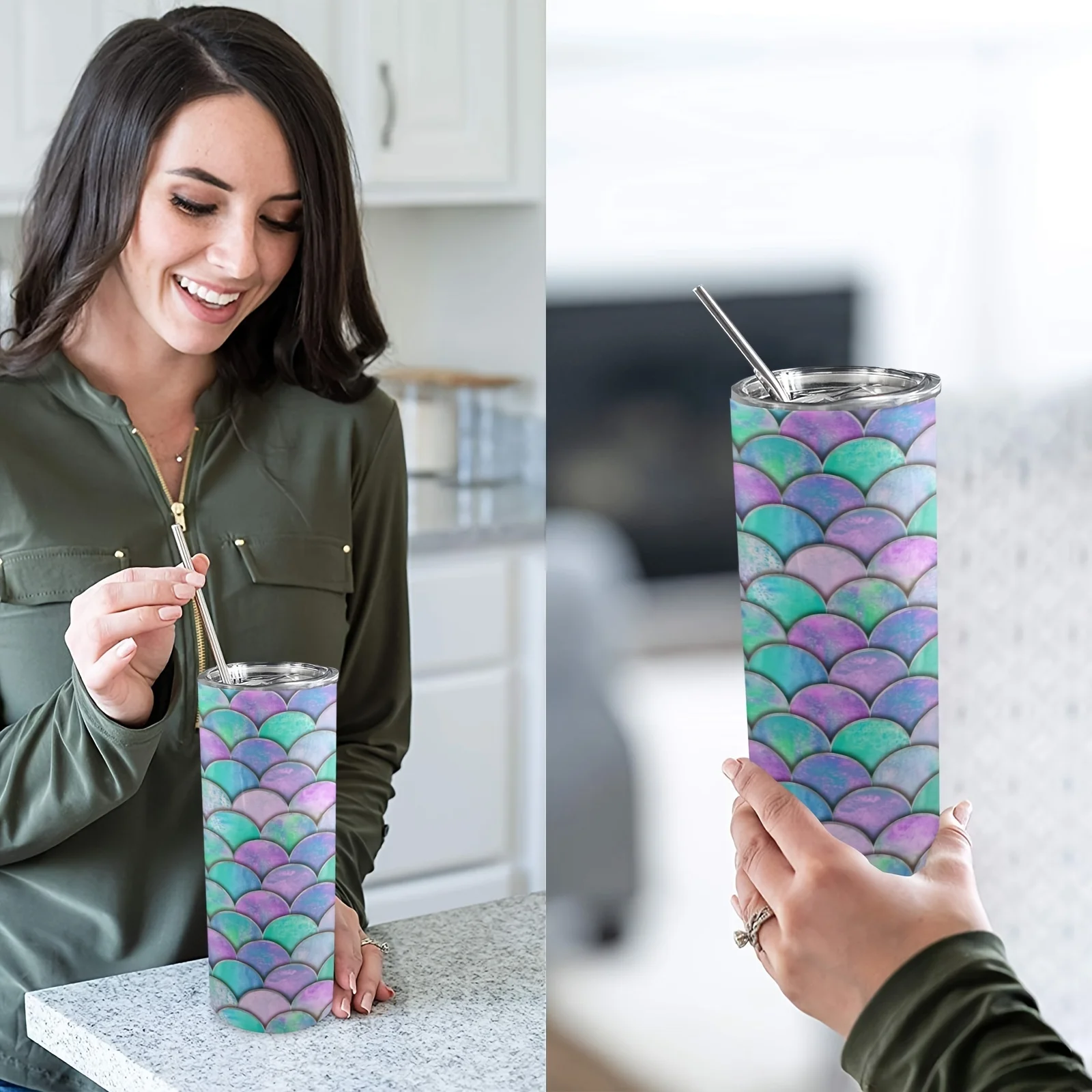 1pc 20oz, Glittery Iridescent Seamless Mermaid Scales Tumbler With Lid And Straw, Stainless Steel Water Bottle, Insulated Water Cups, Summer Winter Drinkware, Outdoor Travel Accessories,Christmas Gifts,Valentine's Day Gifts