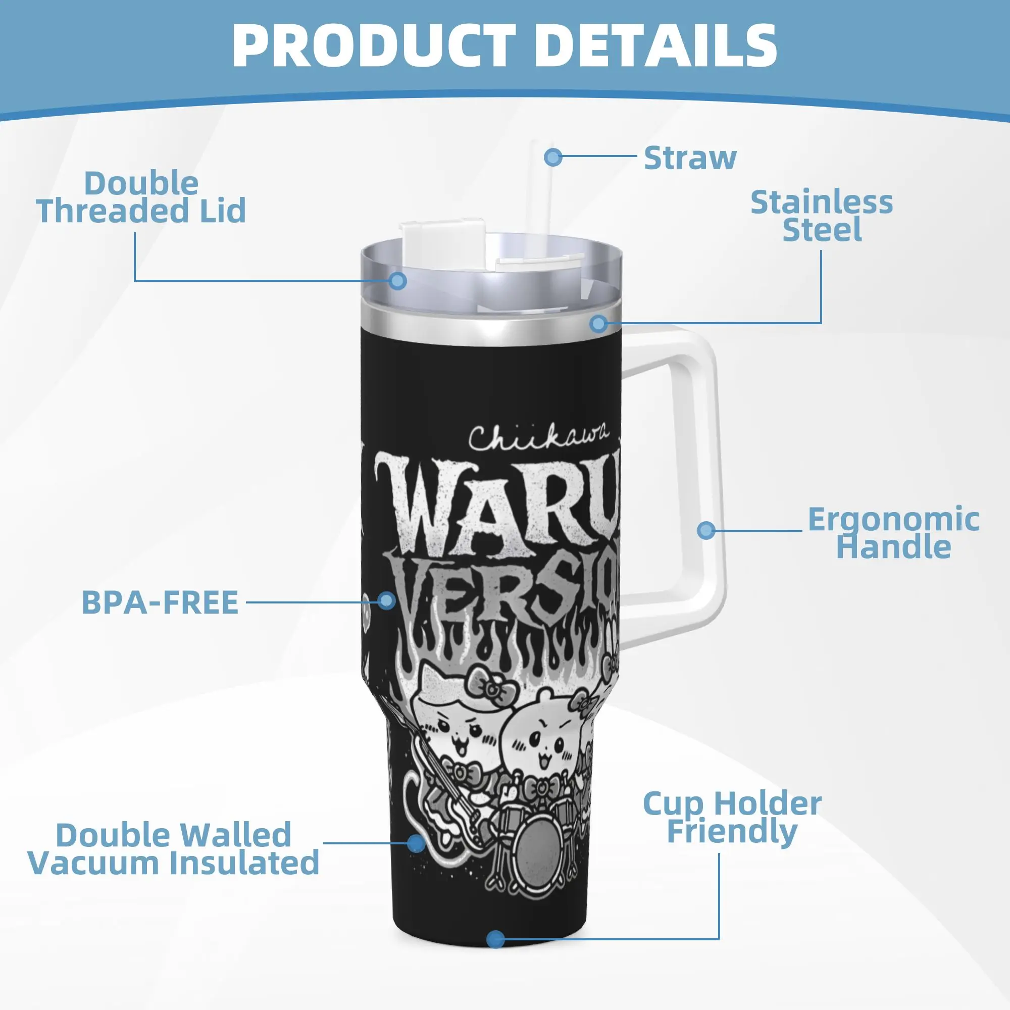 Chiikawa Hachiware Usagi Warui نسخة 40 أوقية فراغ معزول بهلوان الجرونج أكواب مريحة قابلة لإعادة الاستخدام كوب كبير زجاجة ماء هدية