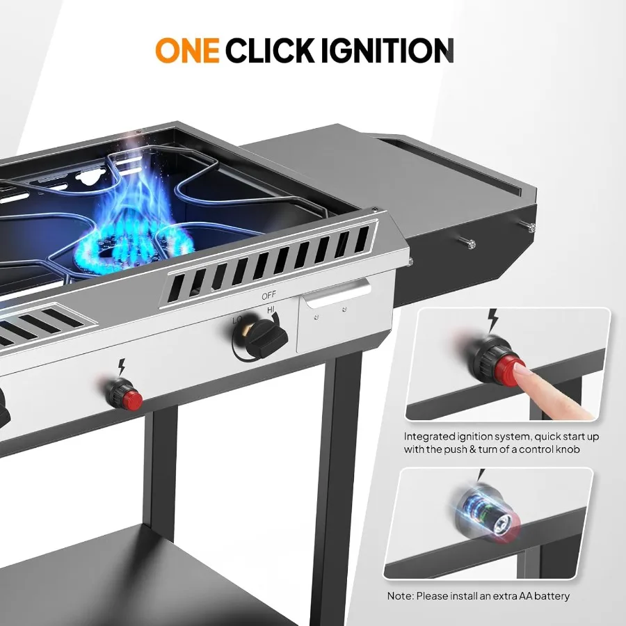 2 الموقد البروبان موقد غاز مع الإشعال التلقائي 150000 وحدة حرارية بريطانية موقد للتخييم مع رف تخزين وعجلات المتداول المحمولة في الهواء الطلق