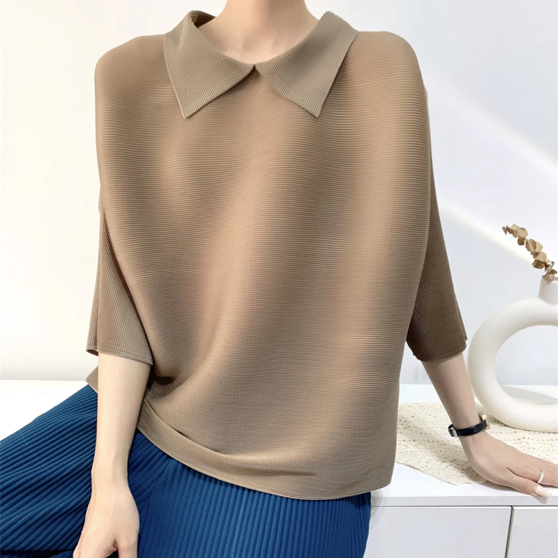 

Miyake Pleated 2023 Summer Chic POLO Collar Simple Top Women Mid-length Sleeve Female Loose Simple Casual T-shirt for Women