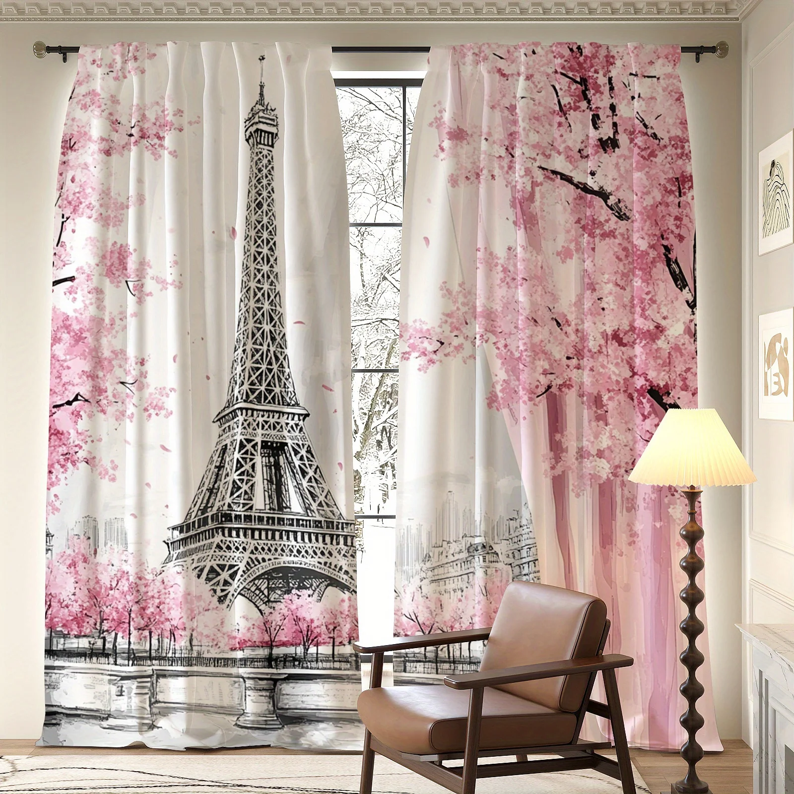 2pcs eiffel tower and cherry blossom curtain with romantic paris design for living room privacy and decor dreamy floral style