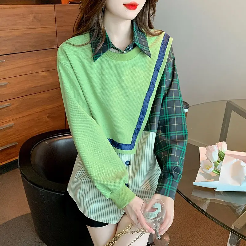 Fashion Striped Spliced Plaid Fake two pieces Shirts Female Clothing 2023 Autumn winter  Asymmetrical Tops Loose Casual Blouses