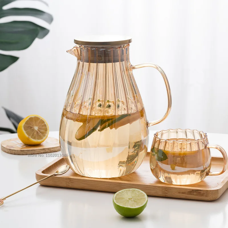 Large Capacity Amber Vertical Stripes Water Bottle High Borosilicate Glass Cold Kettle Glass Cup Boil Water Jug Pitcher Tea Pot