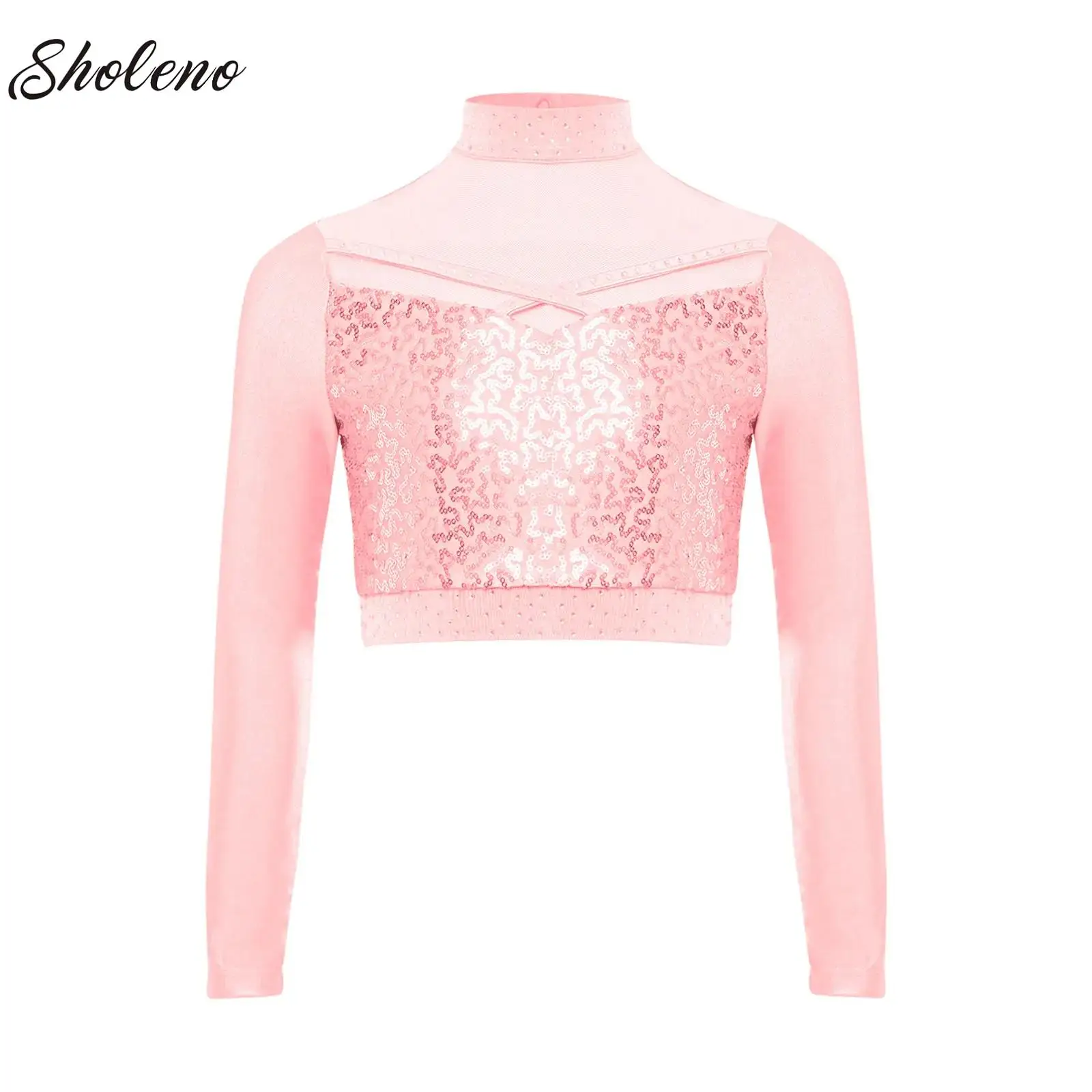 

Kids Girls Jazz Dance Performance Costume Sparkly Sequins Dance Tops Sheer Mesh Long Sleeve Crop Top for Stage Competition
