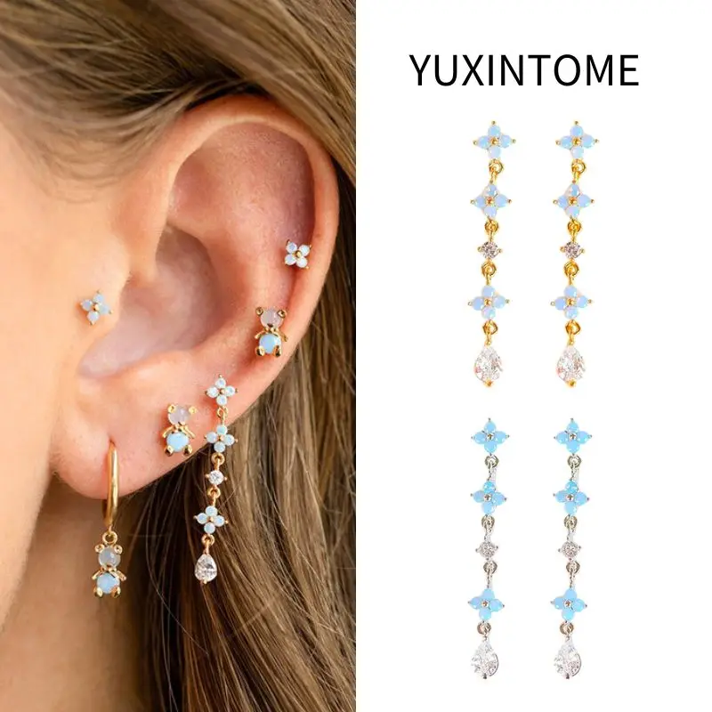 

925 Sterling Silver Ear Needle Flower Stud Earrings For Women Crystal Long Chain Tassel Piercing Earring Luxury Party Jewelry