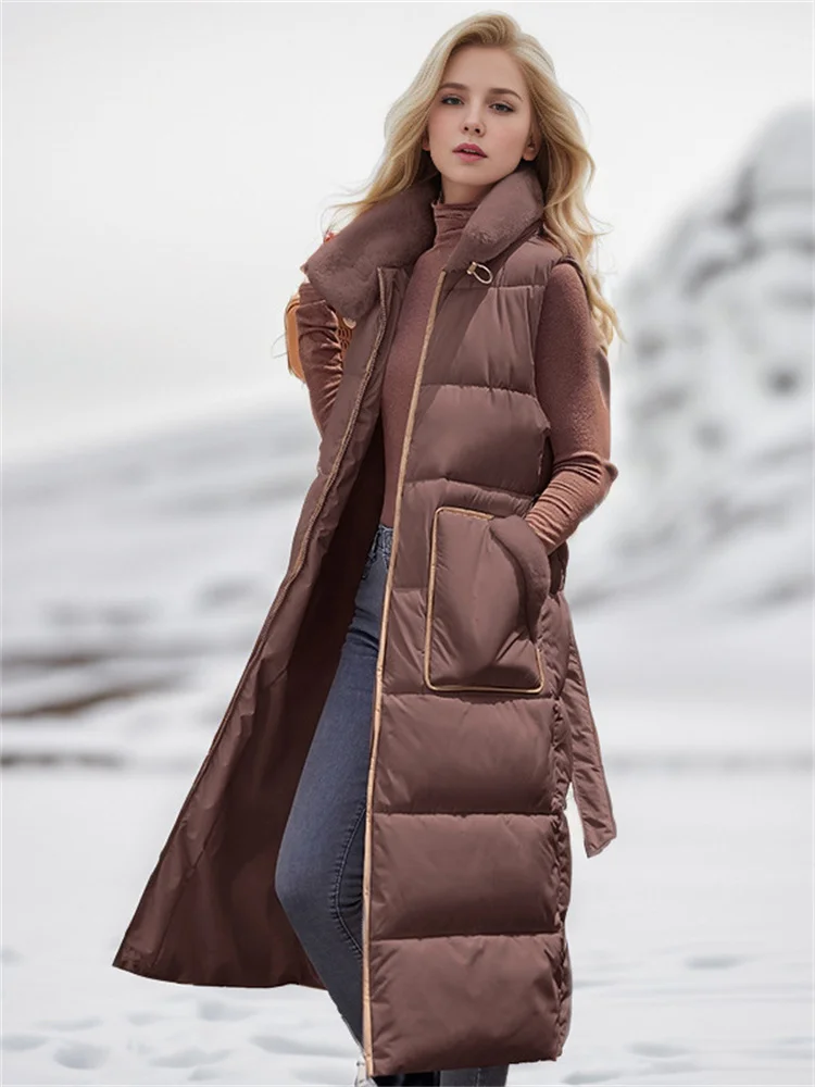 Giacca lunga in piumino di cotone da donna 2024 inverno nuova giacca calda più sottile in vita con colletto alla coreana in peluche alla moda e di