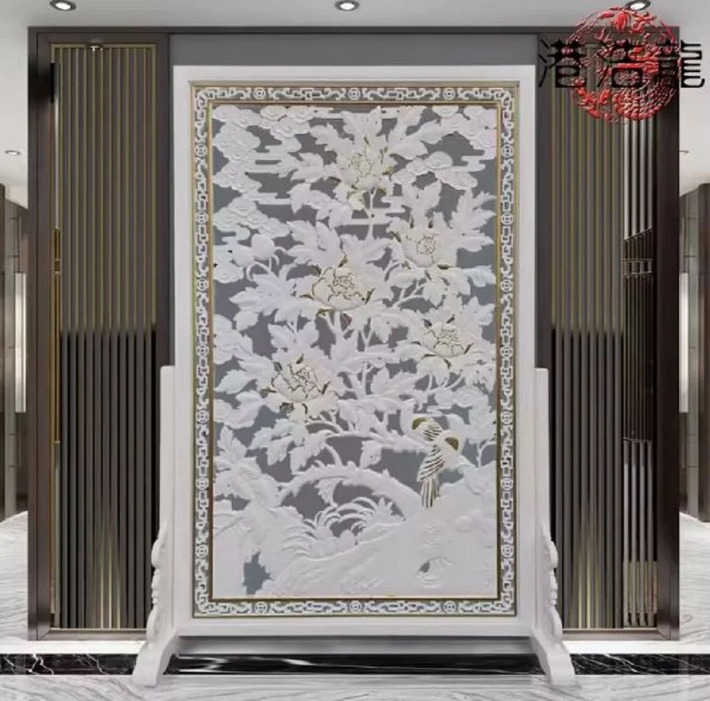 

Solid wood hand carved Chinese style partitions, modern decorative backgrounds, customized foyer decorations, peony screens