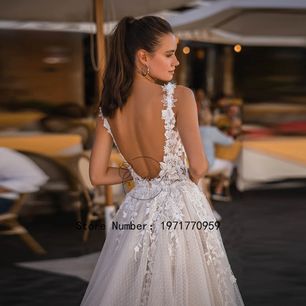 Gorgeous Wedding Dress V Neck High Side Slit Applique Elegant Sexy Open Back Bridal Gowns Court Train Vestido De 2024 New