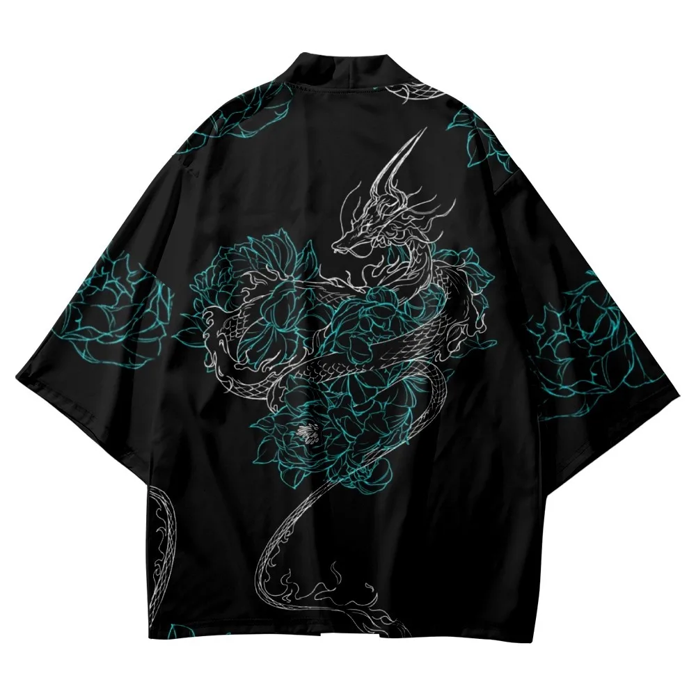 

Dragon Flower Printed Black Couple Women Men Japanese Kimono Cardigan Beach Shorts Harajuku Casual Loose Streetwear