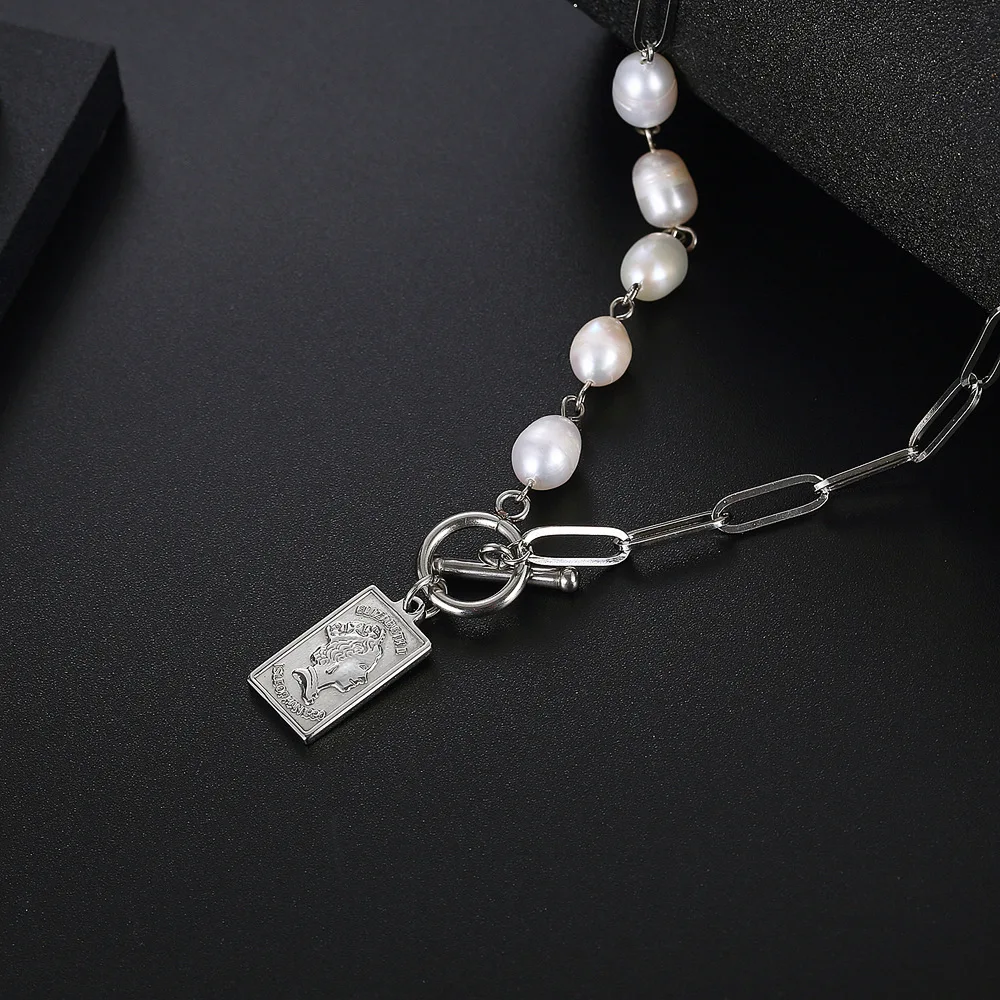 Elizabeth Square Pendant Irregular Natural Pearl Titanium Steel Spliced Necklace For Women Gift