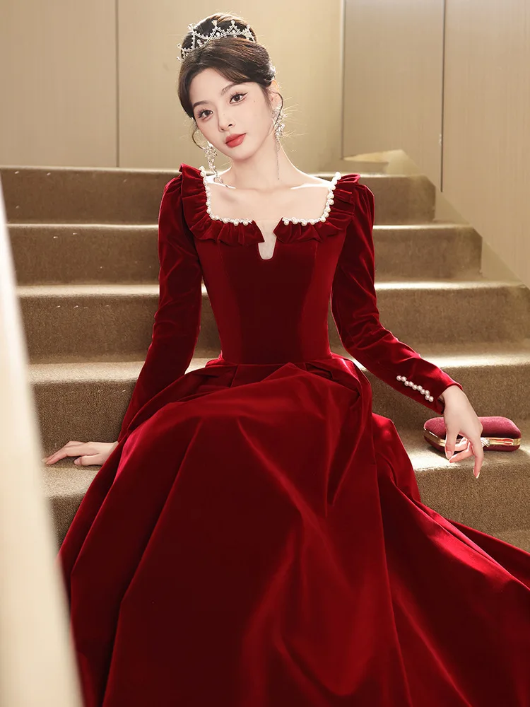 Red Evening Dress  Women In Autumn Winter Bride With  High-end Feel French  Dress  Daily Engagement Evening Wear 2024 New