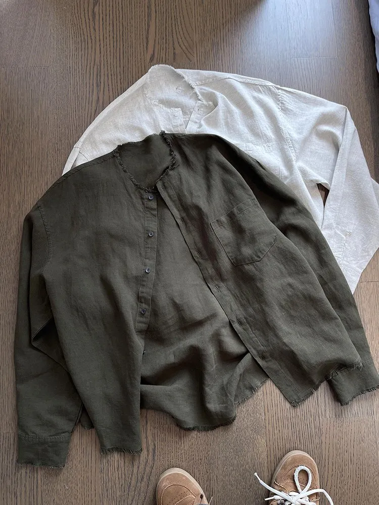 Spring Summer Men's Simple Shirt French Casual Fashion Loose Solid Color Retro Fringed Male Long Sleeve Sun Protection Jacket