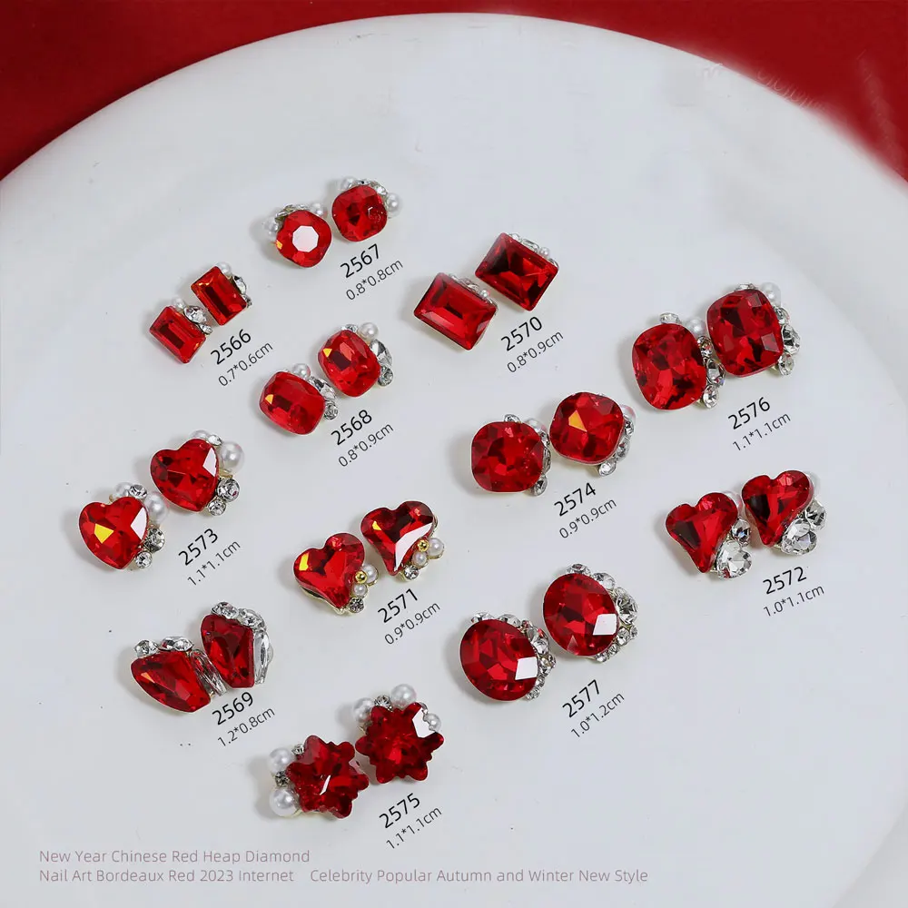 10pcs Grape Red Love Diamond Nail Art Charm 3D Alloy Snowflakes Pearl Nail Decoration DIY Christmas New Year Nail Accessories