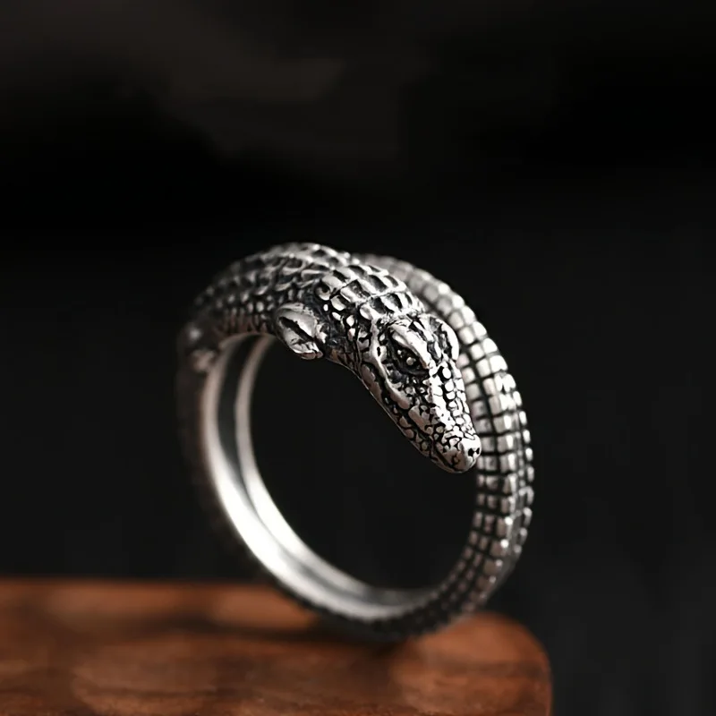 925 Sterling Silver Creative Retro Crocodile Opening Ring, Unique Style