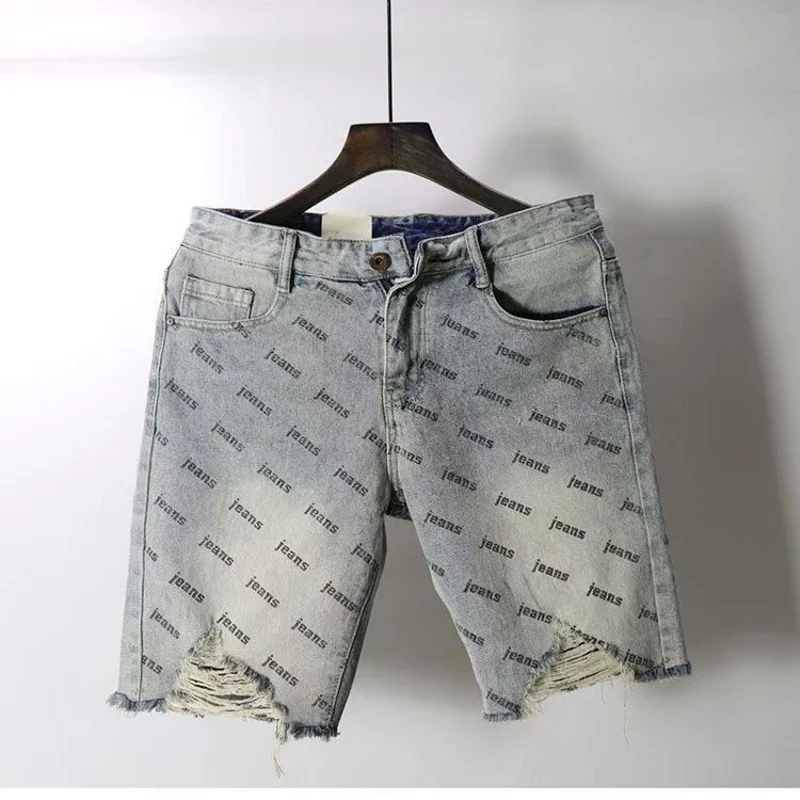 

Новые летние винтажные рваные джинсовые шорты, мужские модные свободные шорты Y2k, хип-хоп, короткие джинсы до колена с дырками, повседневная мужская одежда