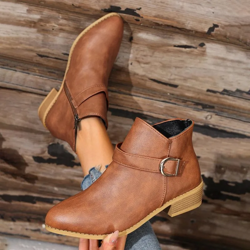 

Retro Women's Ankle Boots Fashion Chelsea Boots Lightweight PU Leather Casual Boots for Women Side Zipper Short Boot Botas Mujer