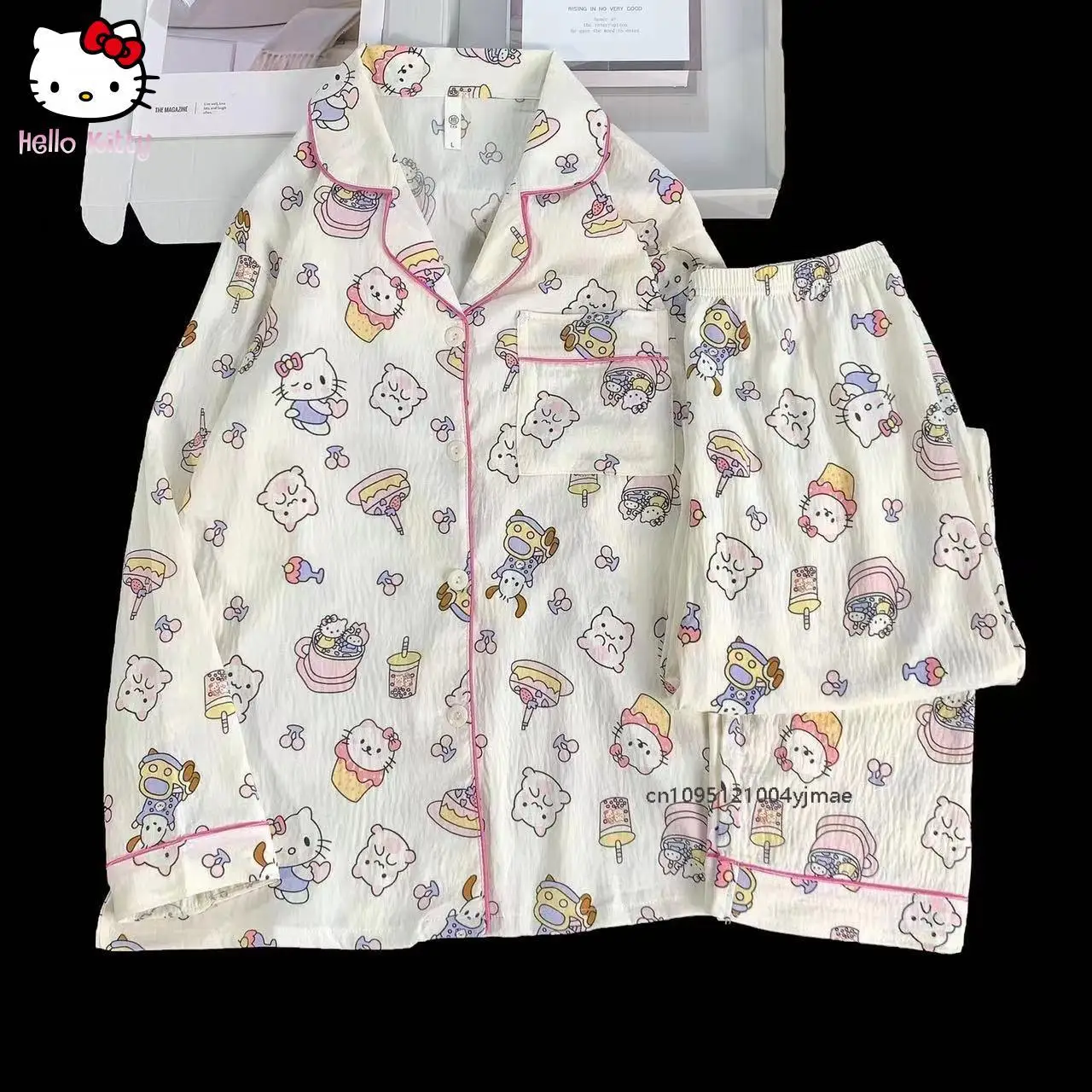 Sanrio 헬로 키티 여성 여름 잠옷 긴 소매 오픈 카디건 세트 여성용 가정 의류 편안한 통기성 잠옷 귀여운