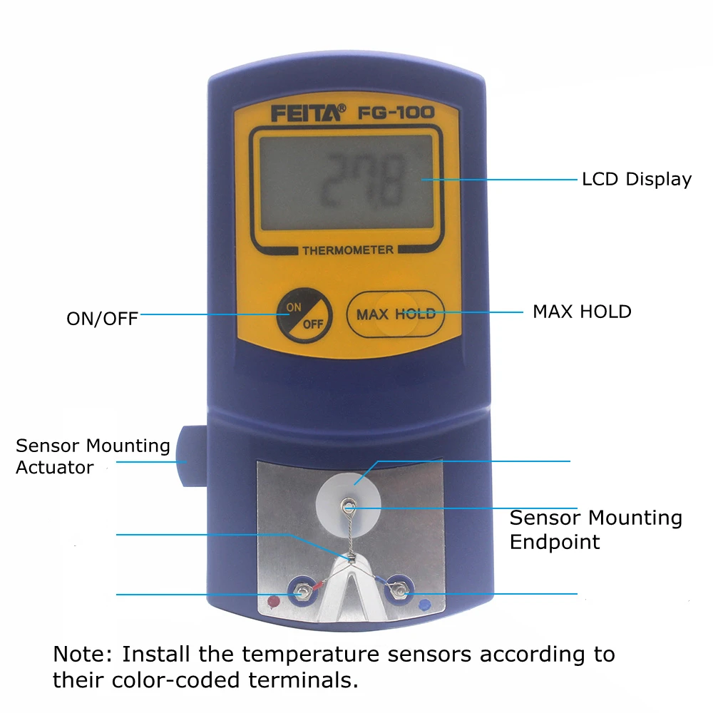 FEITA FG-100 Soldering Tip Thermometer Digital Soldering Iron Temperature Tester with MAX Hold, 10 Sensors Test Kit