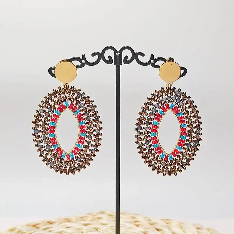ZGMXR Rice bead earrings Ellipse Crystal Originality Geometry Hand knitting Bohemia Alloy Fashion Simple Woman Beaded earrings