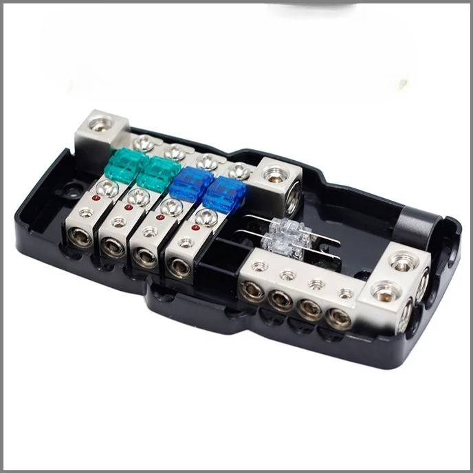 

Блок предохранителей для модификации автомобильной аудиосистемы с четырехсторонней/двусторонней четырехходовой распределительной коробкой и держателем предохранителя со светодиодной подсветкой