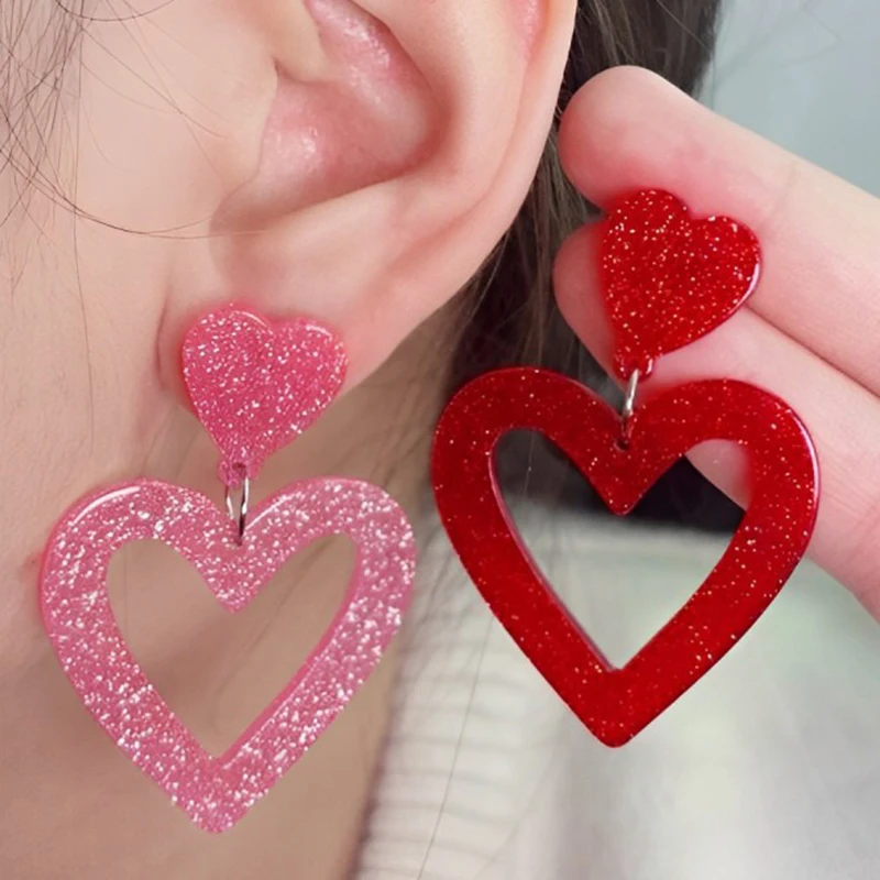 Hollow Out Heart-Shaped Shiny Acrylic Pink Red Blue Gray Dangle Earrings Bohemian Style Simple Romantic Valentine's Day Gift