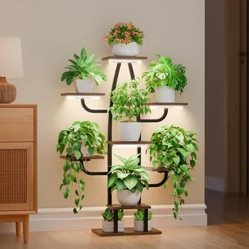 Support pour plantes d'intérieur avec lumière de croissance – Étagère pour plantes d'intérieur à 8 niveaux, supports pour plantes d'angle de 43 pouces pour plantes d'intérieur multiples, en métal