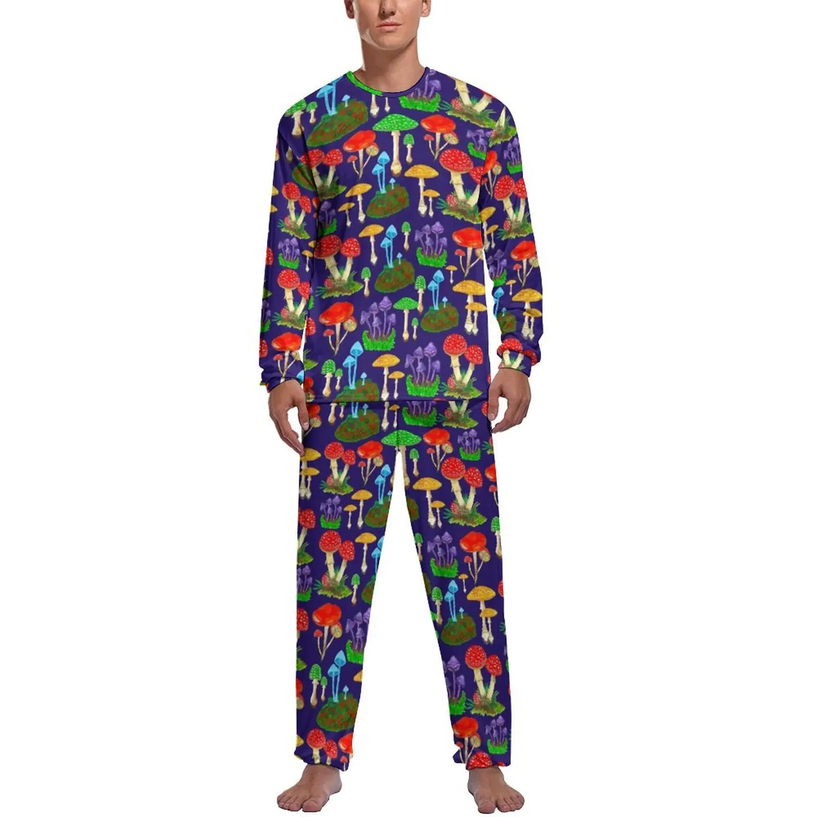 

Mushroom Foray Pajamas Man Colorful Mushrooms Warm Home Suit Spring Long Sleeve 2 Piece Casual Graphic Pajama Sets