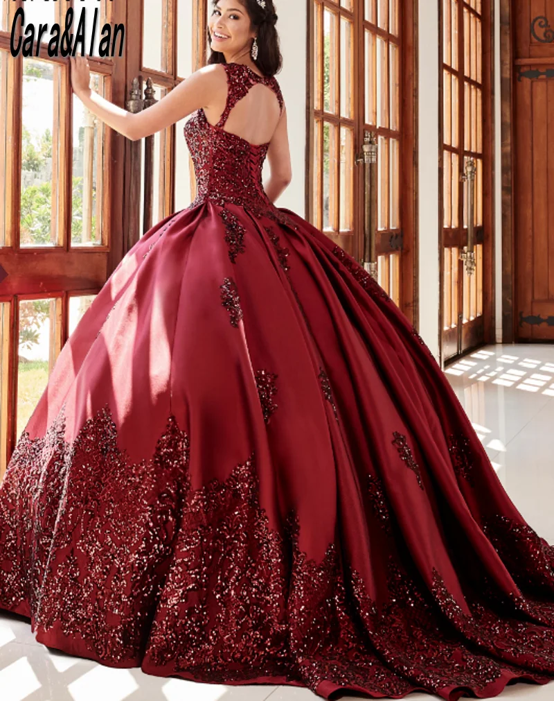 Vestidos vintage de xv años quinceanera vermelho escuro vestidos 2023 sem mangas lantejoulas colher mexicano meninas 15th festa de aniversário vestido