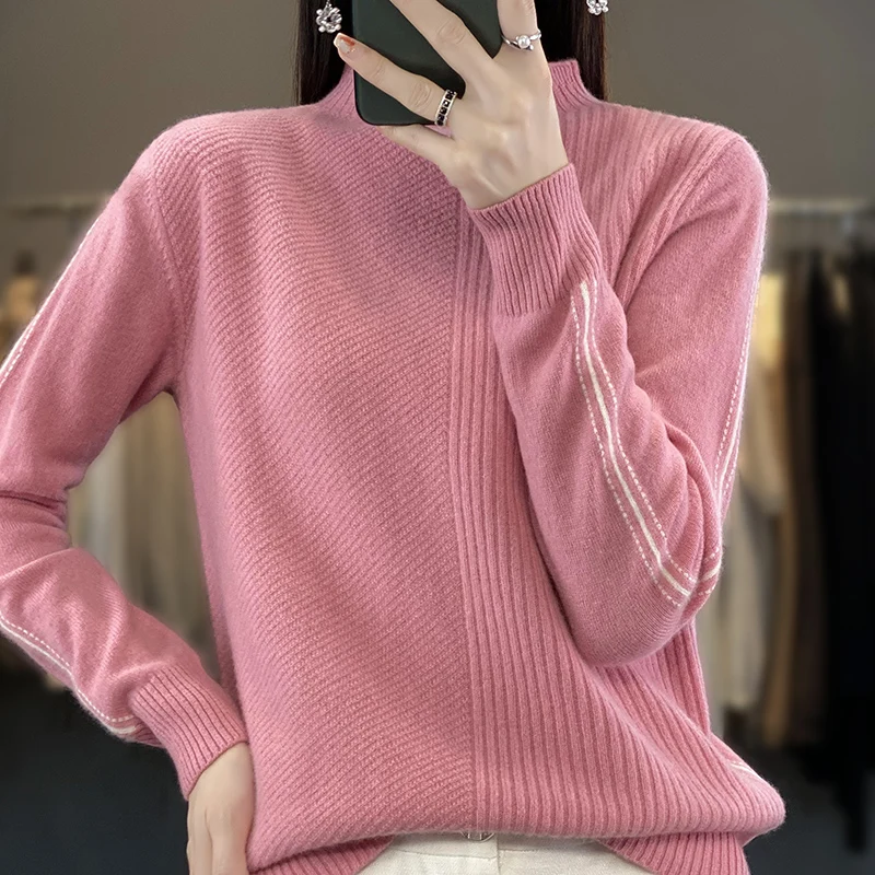 Autumn Winter Fashion 100% Merino Wool Sweater Mock-Neck Solid Color Pullover Cashmere Classic Long Sleeves Clothing Top