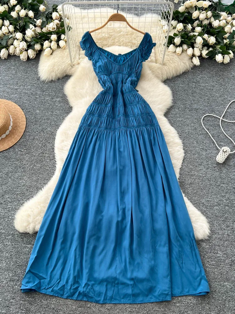 Summer Women's Design Sense Bubble Sve Dr Waist Cinching Slimming Holiday Sle Long Skirt High Waist A-Line ort Sve