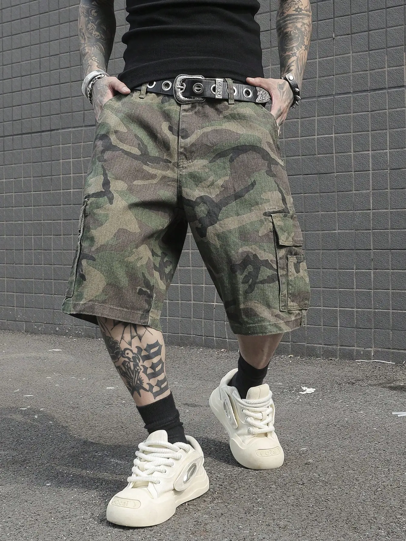 

Men's summer denim shorts. Camouflage cargo shorts. Street fashion. Loose fit.