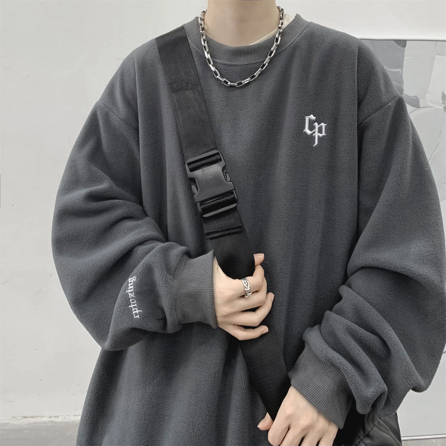 

Мужская двусторонняя флисовая толстовка с круглым вырезом, утепленная, в американском повседневном стиле, весна-осень